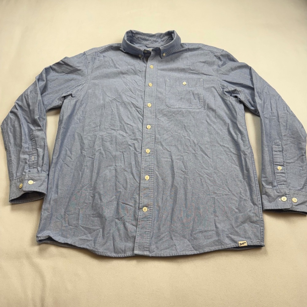 Duluth Trading Co Mens Large Tall Blue Chambray Button Down Shirt 30937 L Tall